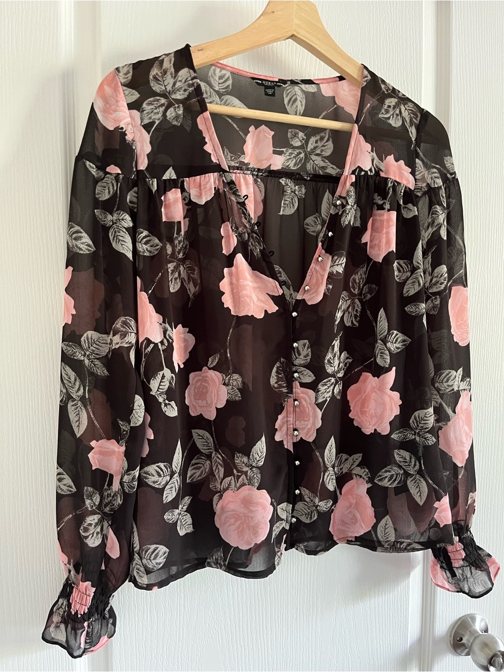 Guess Black Sheer Blouse with Pink Floral Print XS - Picture 2 of 13